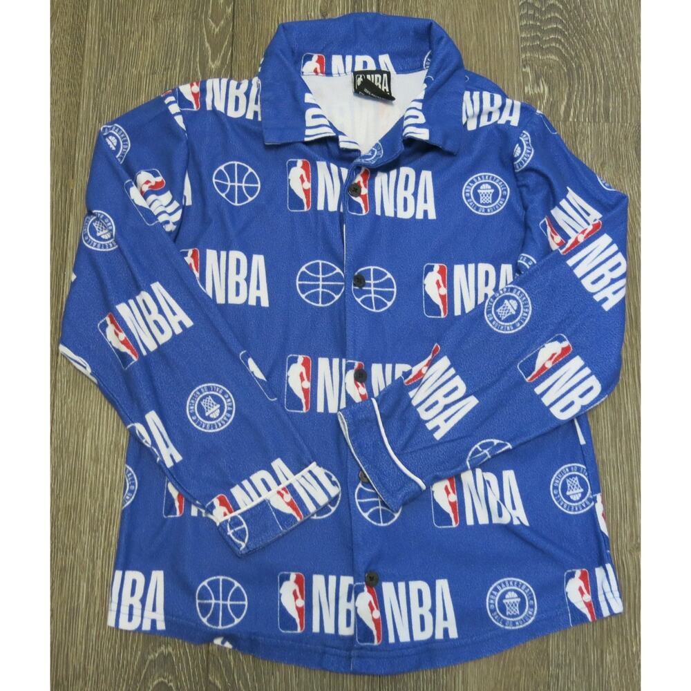 NBA Basketball Pajama Top Size L 10/12 Youth  Long Sleeve Loungewear Blue Logo